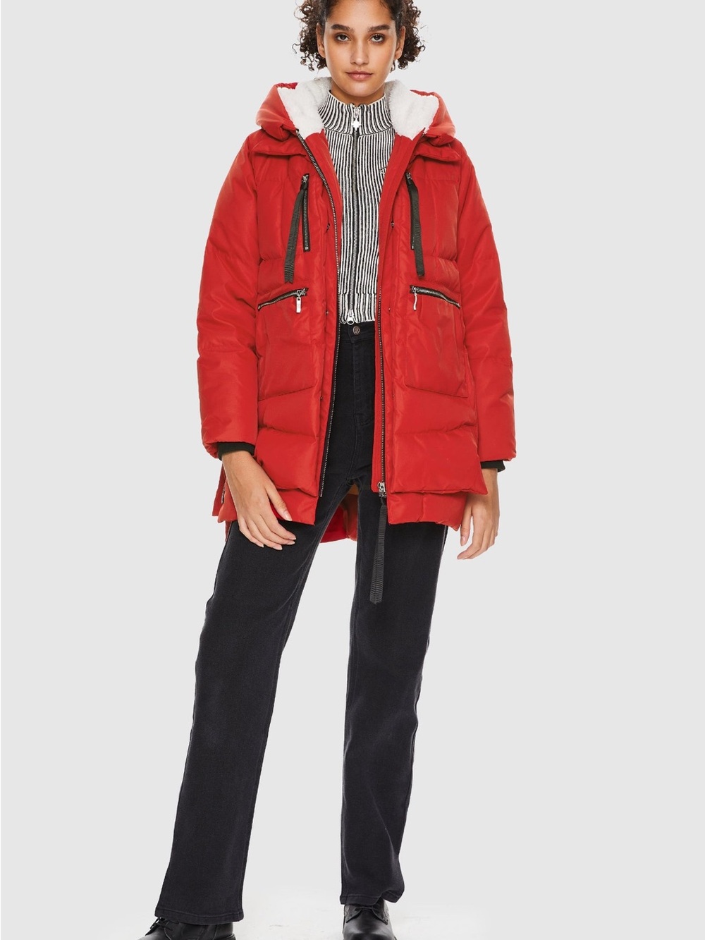 Women's Red Hooded Puffer Coat with Sherpa-Lined Hood